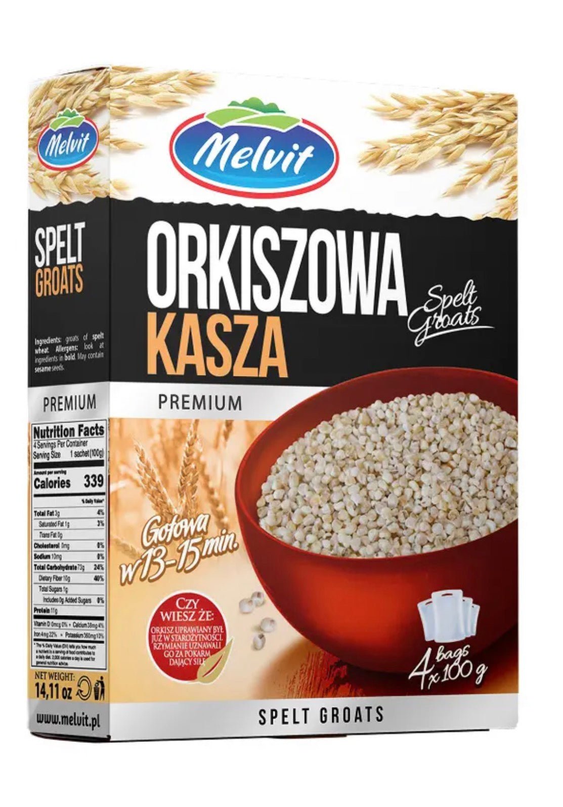 Melvit Dinkelgrütze Kasza Orkiszowa 4 × 100 g – Polnische Grütze - Polskashop24