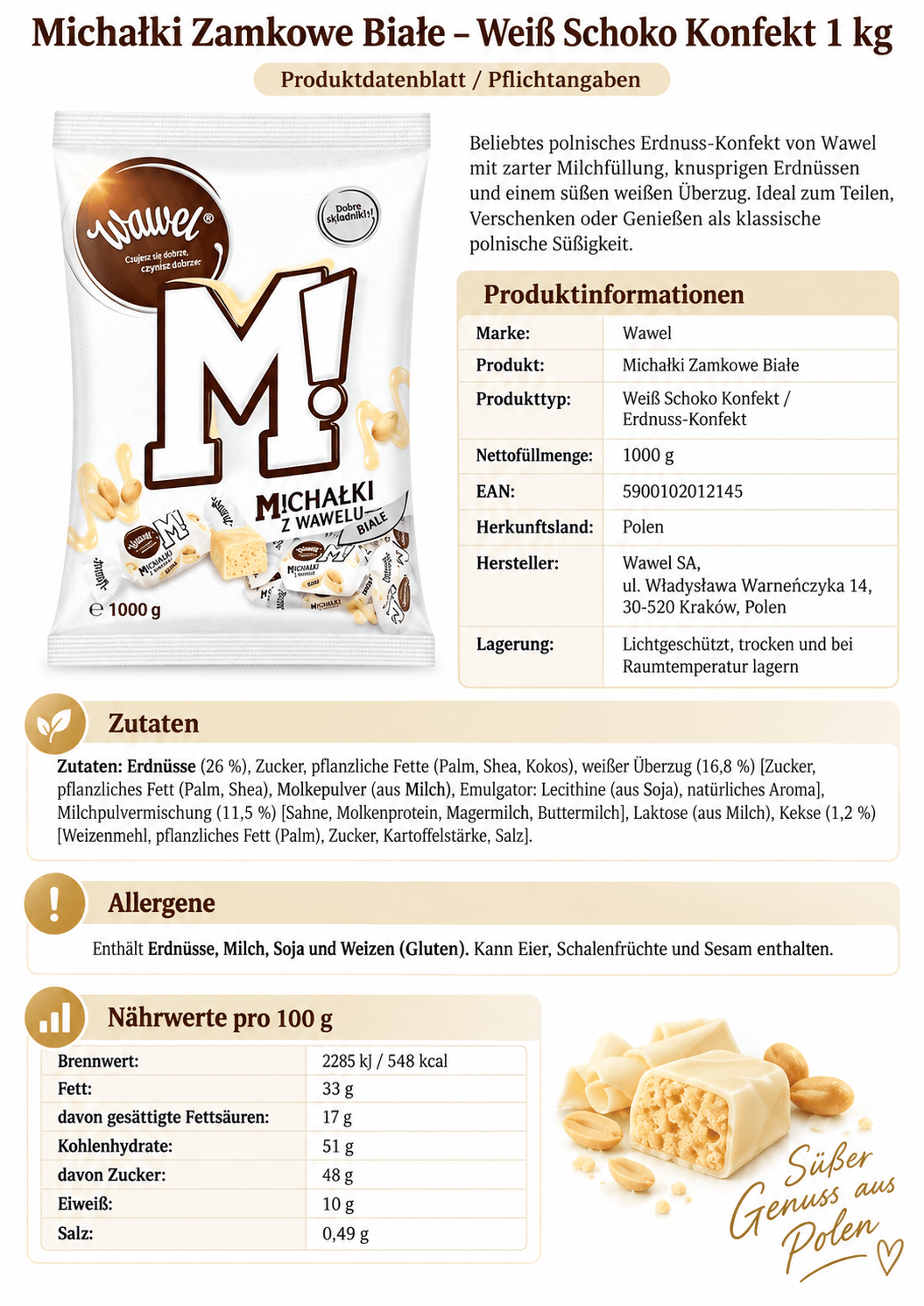 Michalki Zamkowe biale Weiß Schoko Konfekt 1KG - Polskashop24