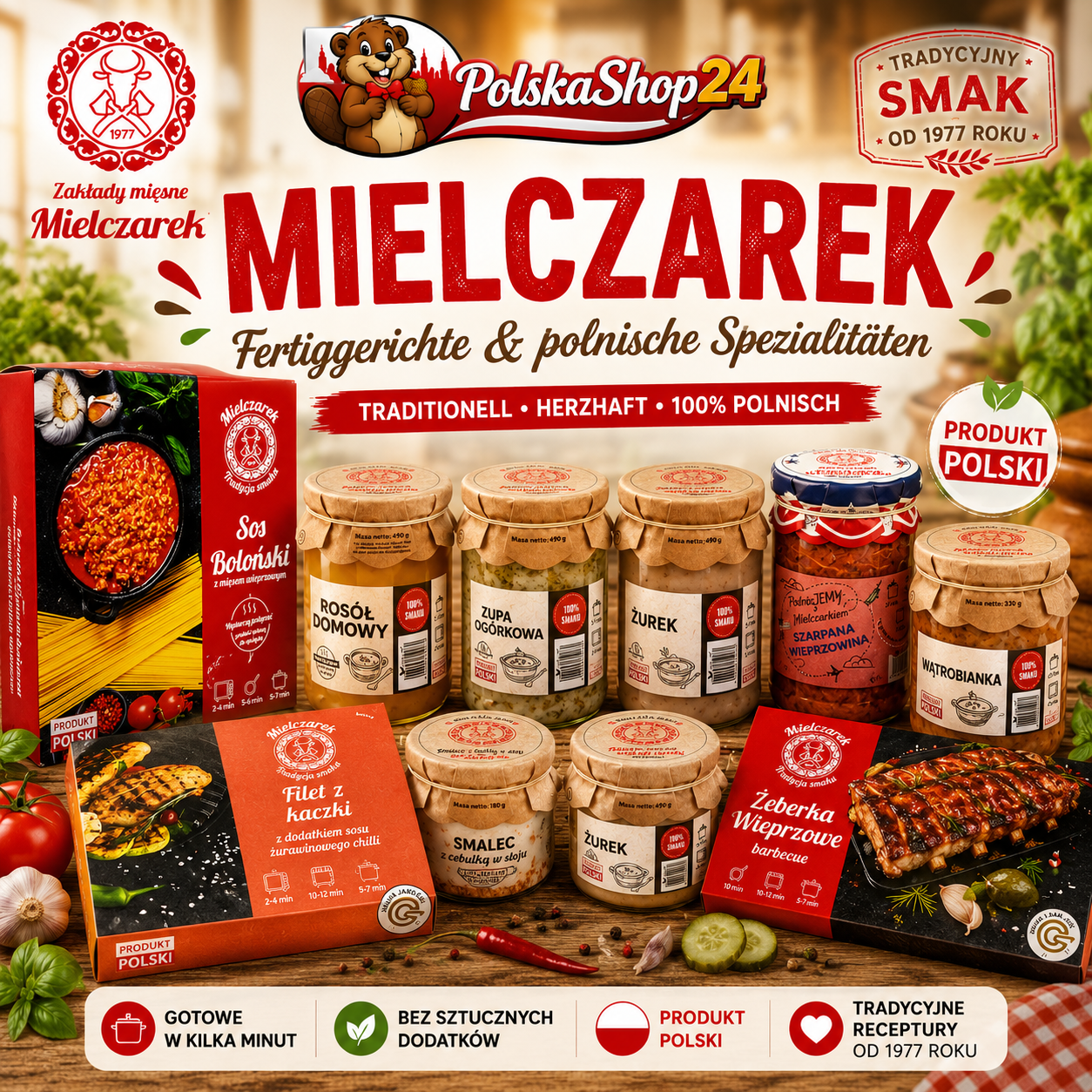 Mielczarek Fertiggerichte und polnische Spezialitäten bei PolskaShop24 – Żurek, Rosół, Zupa Ogórkowa, Smalec und Fleischgerichte online kaufen