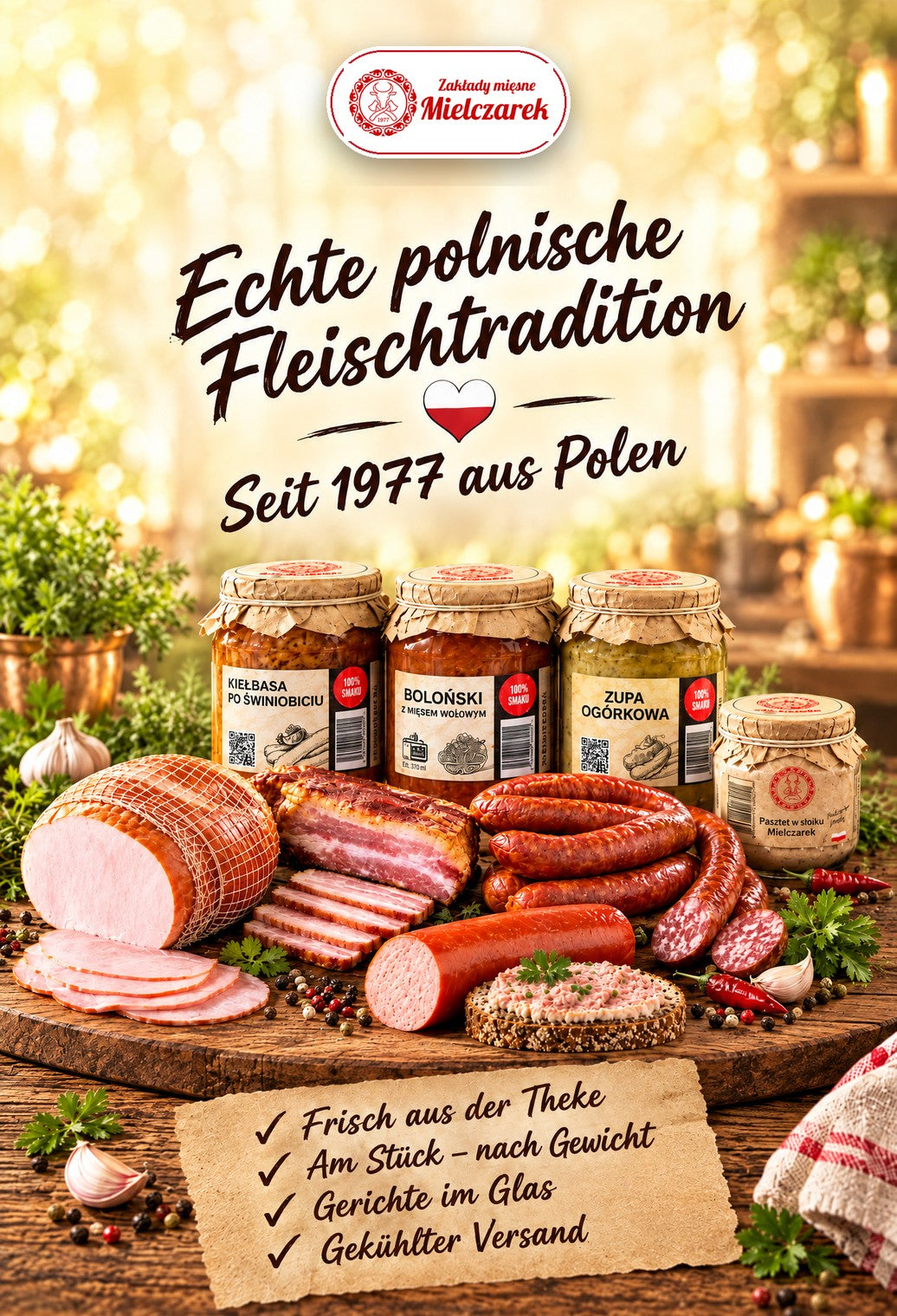 Mielczarek – echte polnische Fleischtradition seit 1977: Schinken, Speck, Kiełbasa und Gerichte im Glas