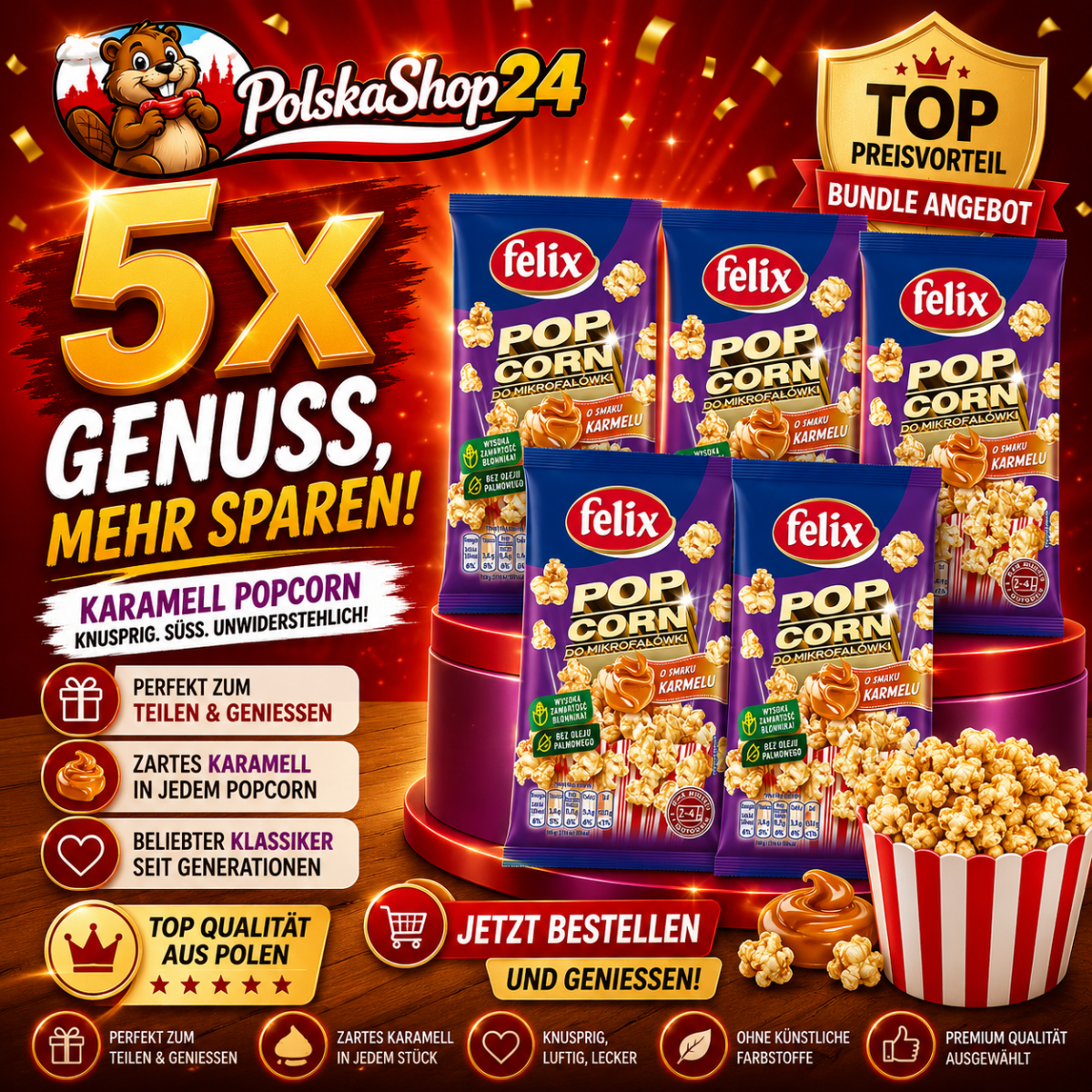 Mikrowellen Karamell Popcorn ''popcorn do mikrofalowki'' Felix 90g - Polskashop24