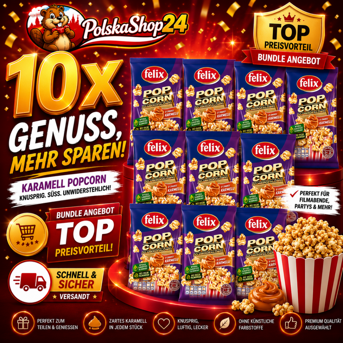 Mikrowellen Karamell Popcorn ''popcorn do mikrofalowki'' Felix 90g - Polskashop24