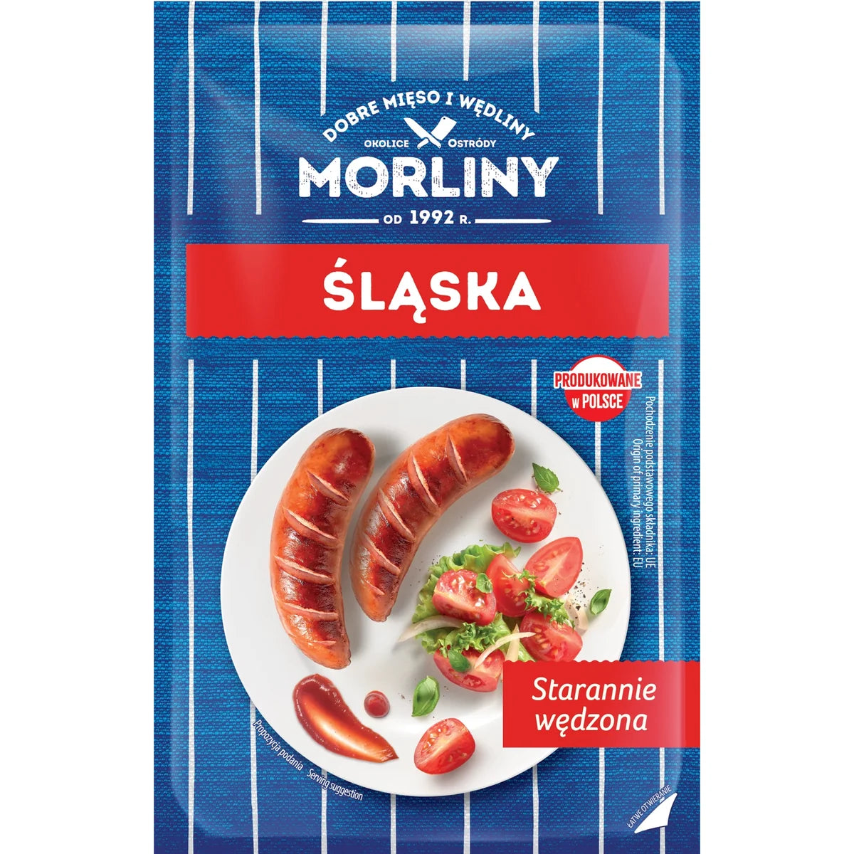 Morliny Śląska Schlesische Wurst – geräucherte polnische Brühwurst auf weißem Hintergrund, Originalverpackung