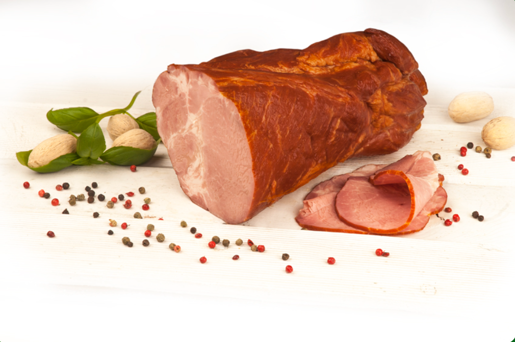 Peklimar Baleron Gotowany – geräucherter und gegarter Schweinenacken, am Stück und in Scheiben, Serviervorschlag