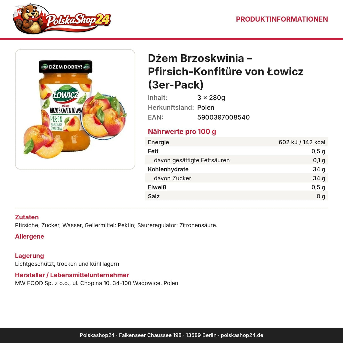 Produktinformationen: Nährwerte, Zutaten, Allergene, Hersteller – Dżem Brzoskwinia – Pfirsich-Konfitüre von Łowicz (3er-Pack)