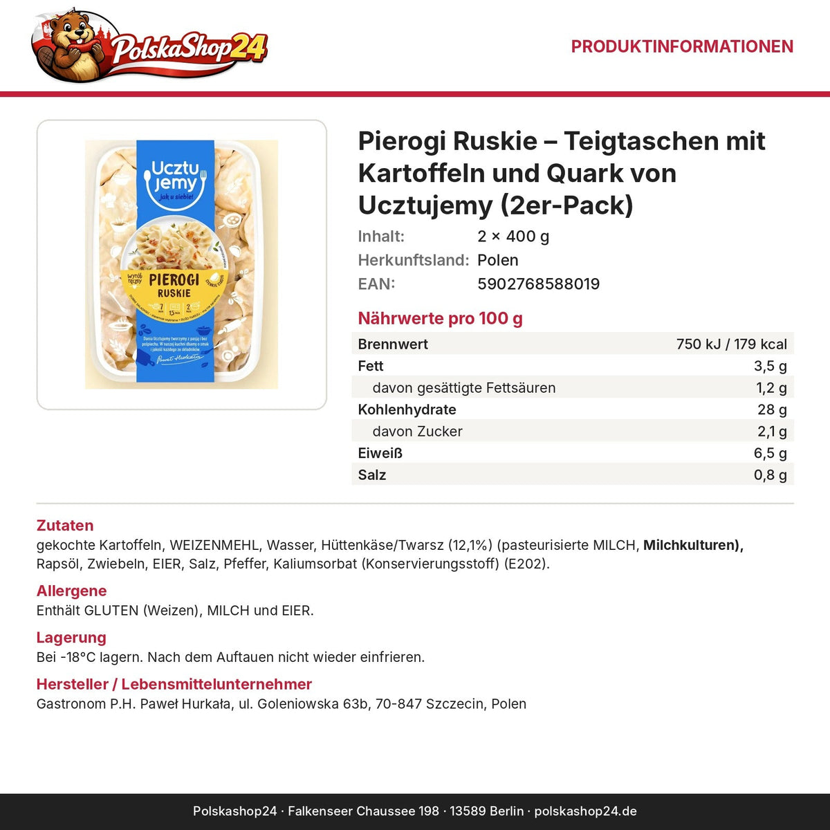 Produktinformationen: Nährwerte, Zutaten, Allergene, Hersteller – Pierogi Ruskie – Teigtaschen mit Kartoffeln und Quark von Ucztujemy