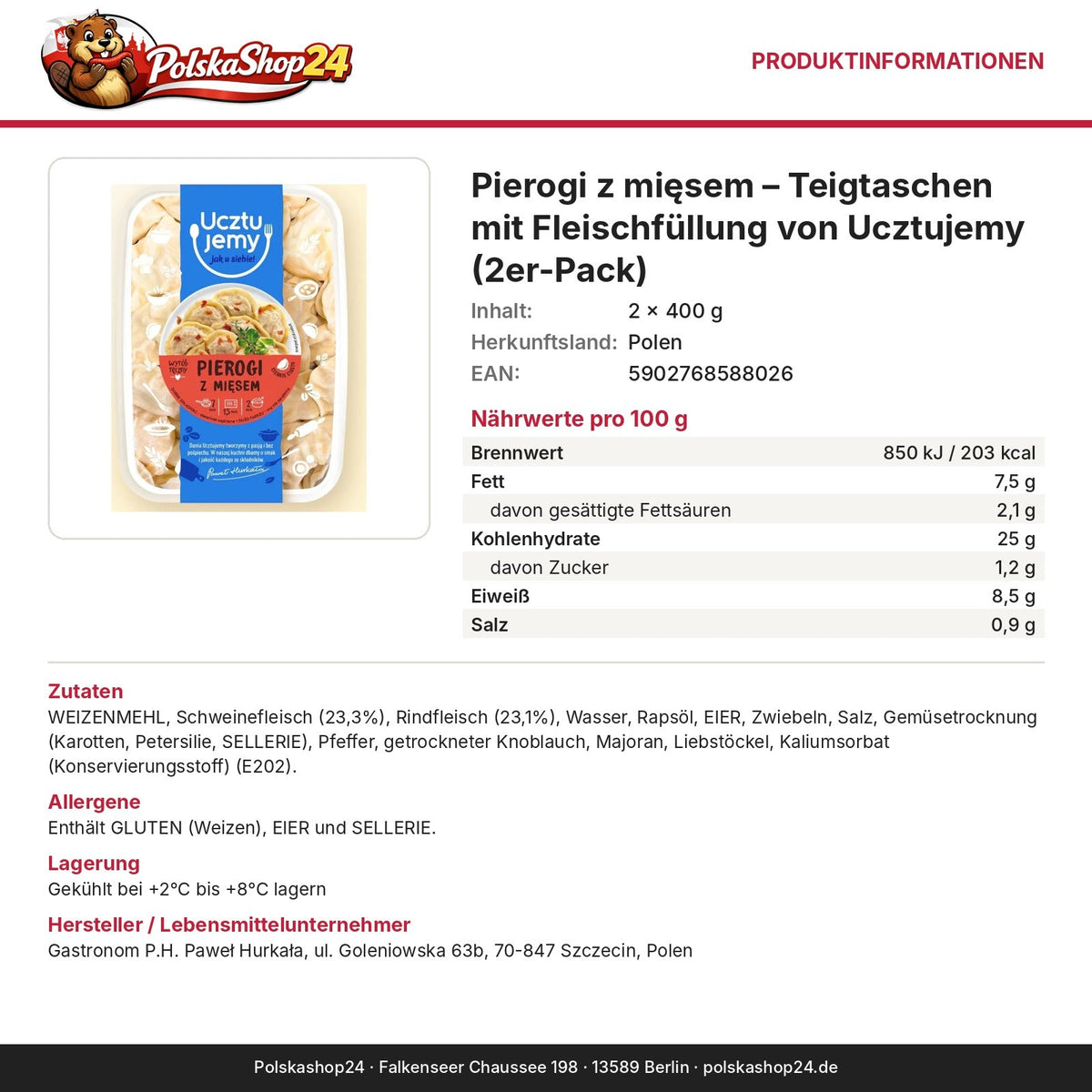 Produktinformationen: Nährwerte, Zutaten, Allergene, Hersteller – Pierogi z mięsem – Teigtaschen mit Fleischfüllung von Ucztujemy