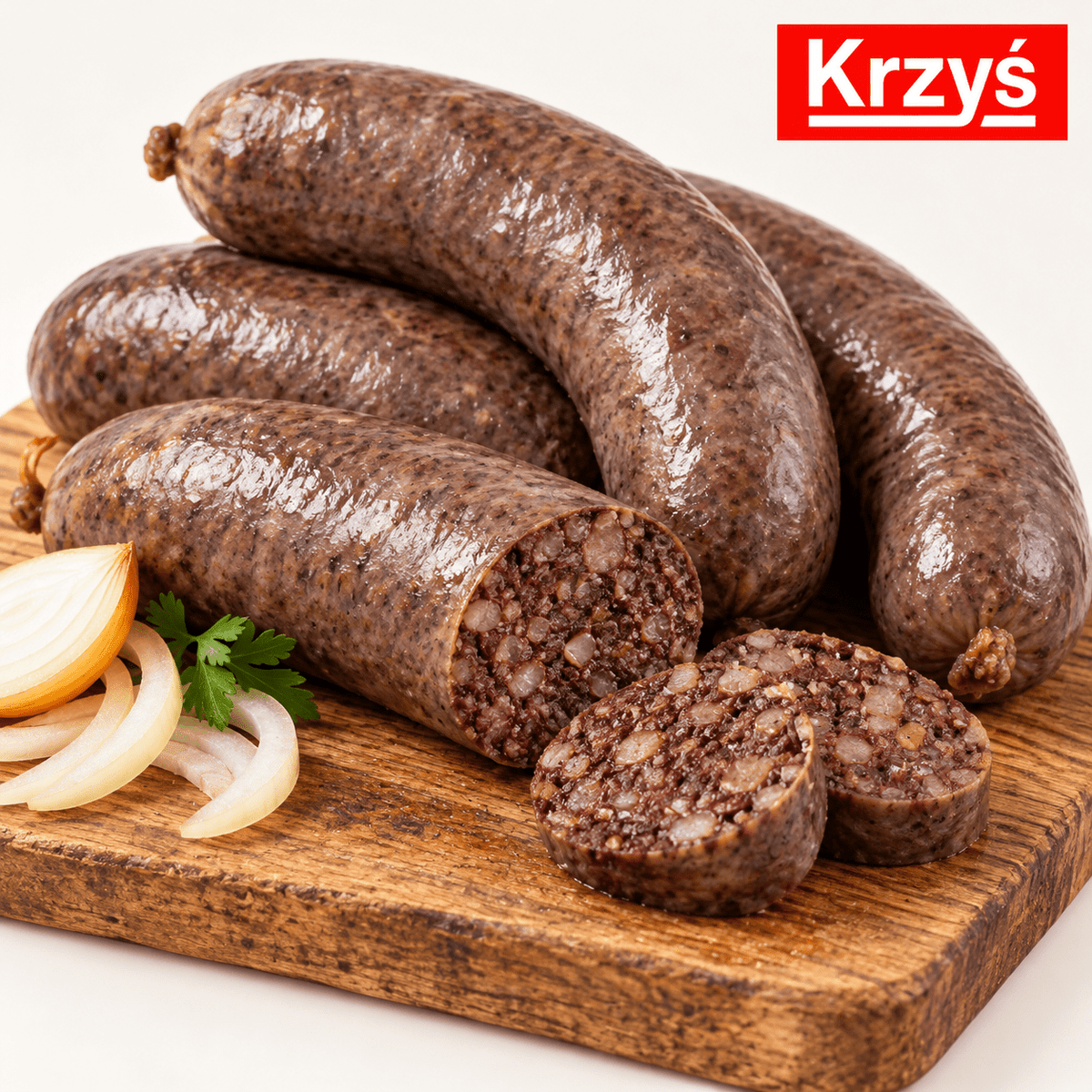 Krzyś Kaszanka – polnische Blutwurst mit Gerstengrütze auf einem Holzbrett mit aufgeschnittenen Scheiben und Zwiebeln.
