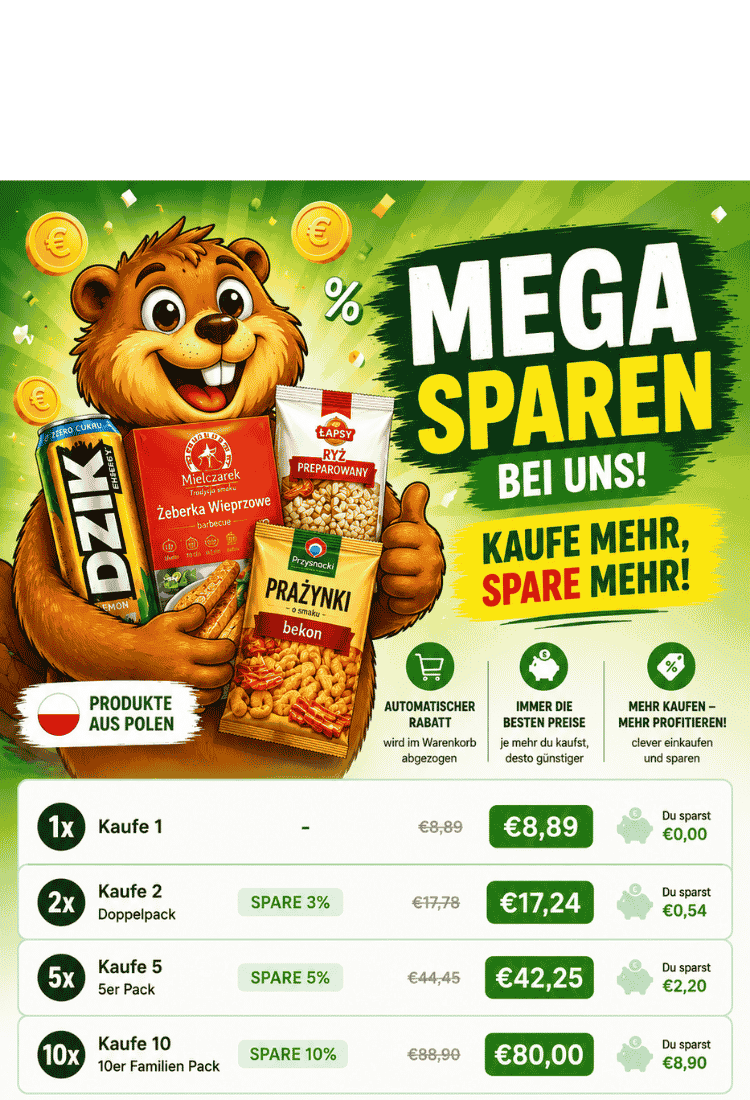 Polskashop24 Mobile Banner zum Mengenrabatt mit Biber, polnischen Produkten und Staffelrabatt: Kaufe 2 spare 3%, kaufe 5 spare 5%, kaufe 10 spare 10%.