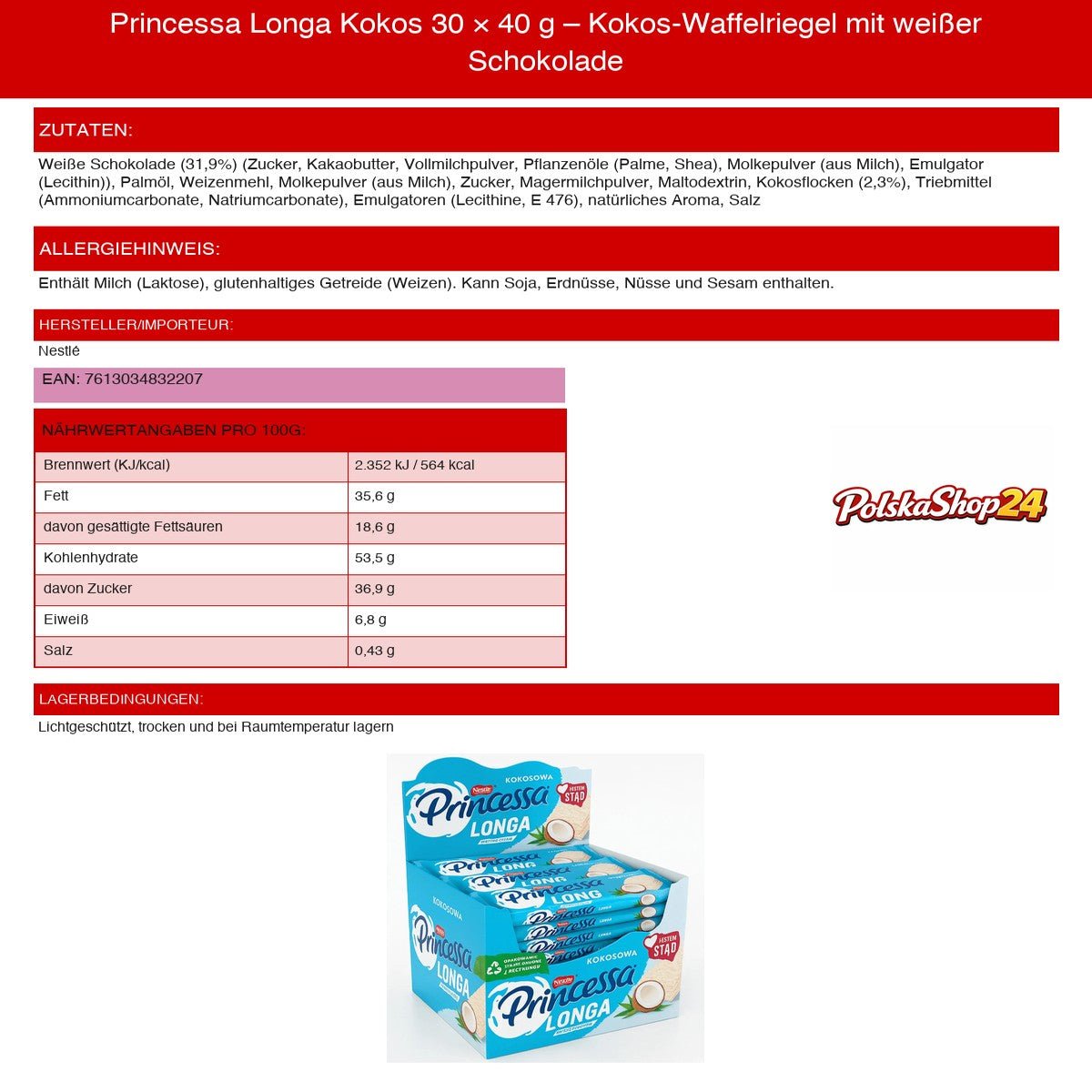Princessa Longa Kokos 30 × 40 g – Kokos - Waffelriegel mit weißer Schokolade - Polskashop24