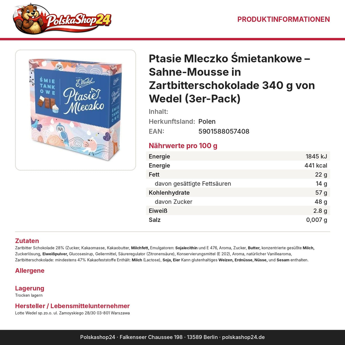 Produktinformationen: Nährwerte, Zutaten, Allergene, Hersteller – Ptasie Mleczko Śmietankowe – Sahne-Mousse in Zartbitterschokolade 340 g von Wedel (3er-Pack)