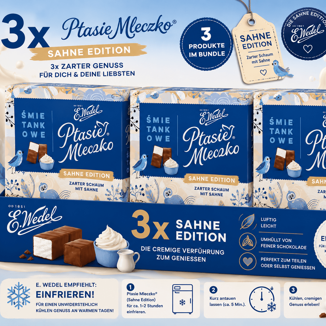 Ptasie Mleczko Śmietankowe Sahne 3er Set 3x340g – Wedel - Polskashop24