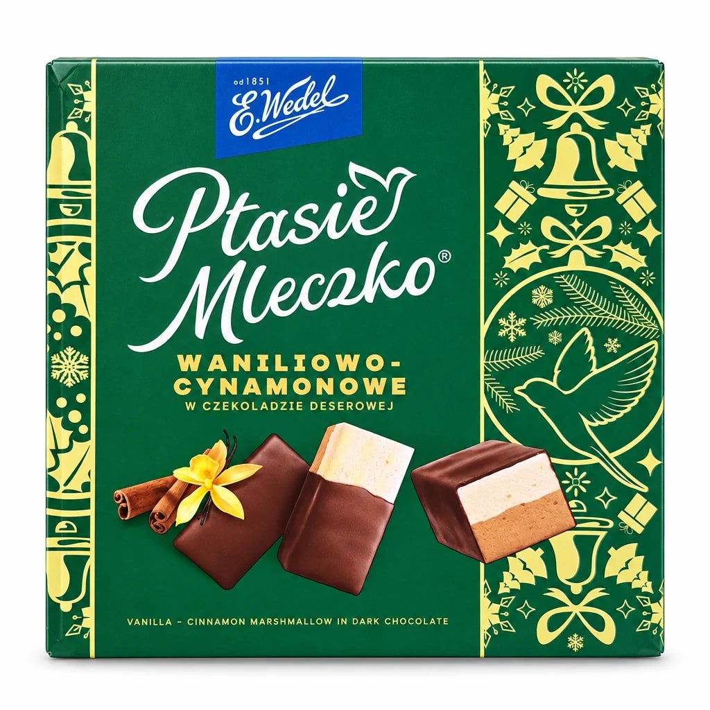 E.Wedel Ptasie Mleczko waniliowo-cynamonowe 340g – Packung auf weißem Hintergrund