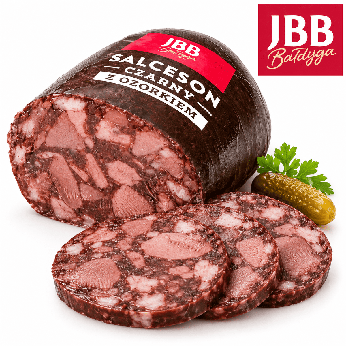 JBB Salceson Czarny z Ozorkiem – polnische schwarze Sülze mit Zunge, am Stück und in Scheiben