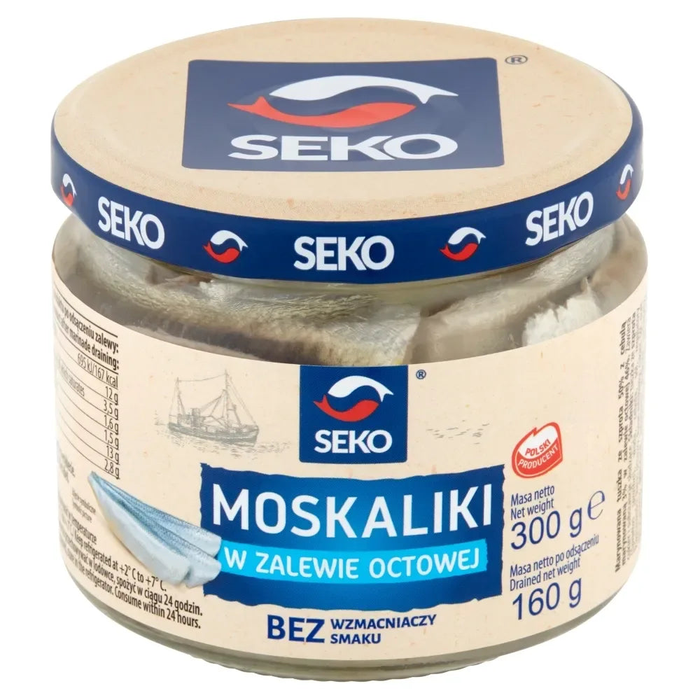 Seko Moskaliki marinierte Heringstücke 400g Glas mit Zwiebeln und Karotten polnische Fischspezialität