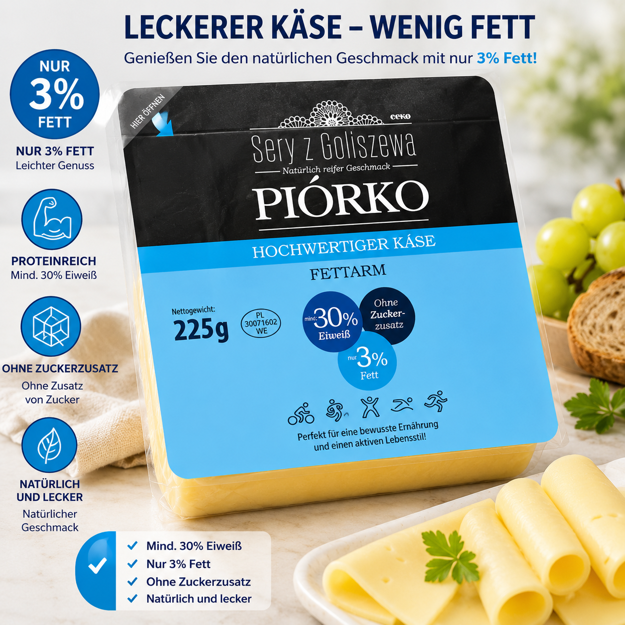 Ser z Goliszewa Piórko 225g proteinreicher polnischer Käse mit nur 3 Prozent Fett, fettarm und ohne Zuckerzusatz