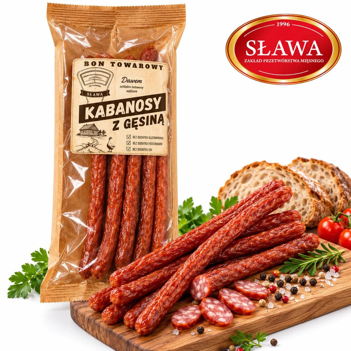 Sława Kabanosy z Gęsiną 150 g, geräucherte polnische Gänsefleisch-Cabanossi mit Original Sława Logo