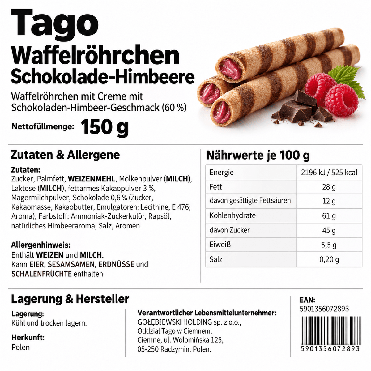 Tago Waffelröhrchen Schokolade-Himbeere 150 g - Rurki waflowe malina - Polskashop24