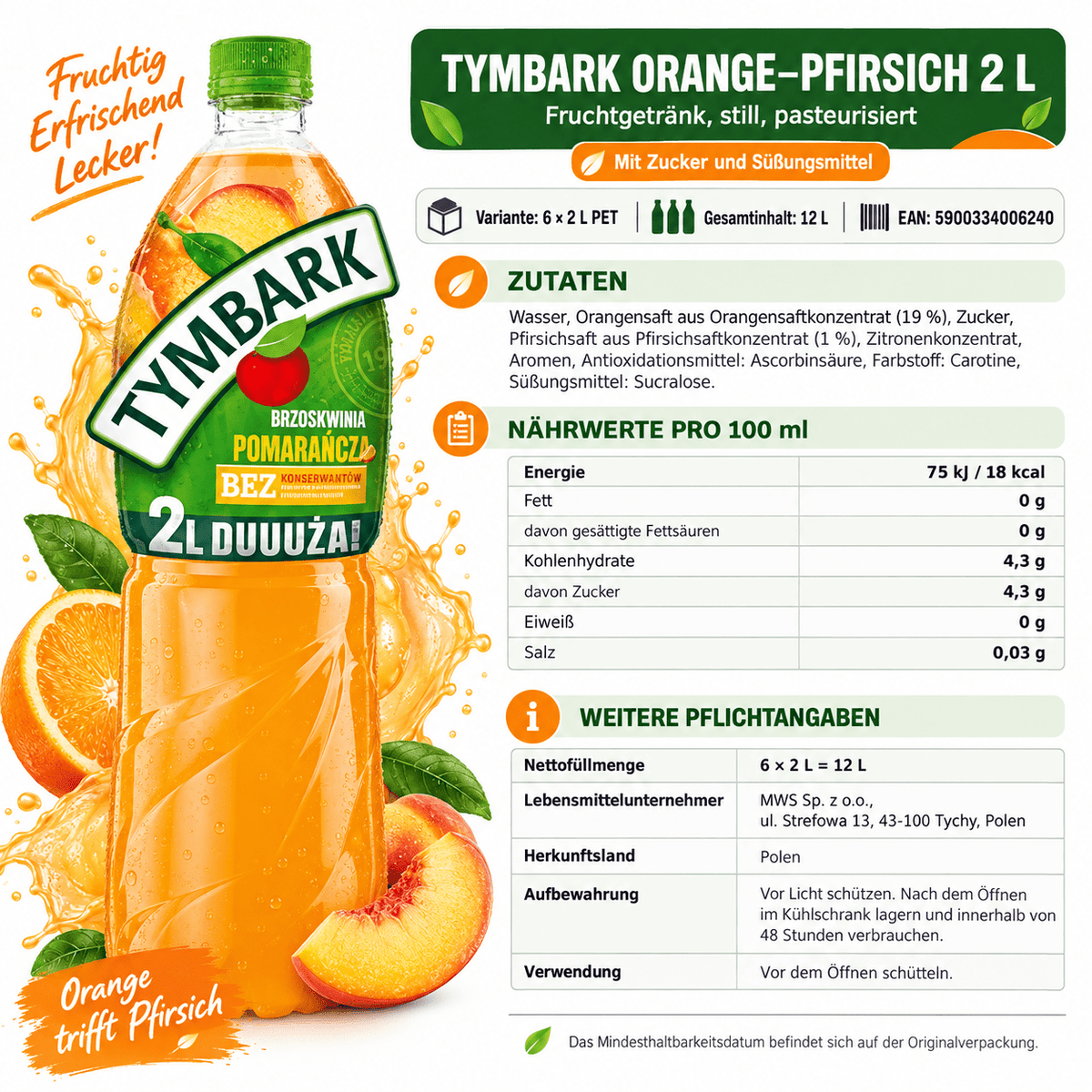 Tymbark Orange Pfirsich 2 L (zzgl. 0,25€ Pfand) - Polskashop24