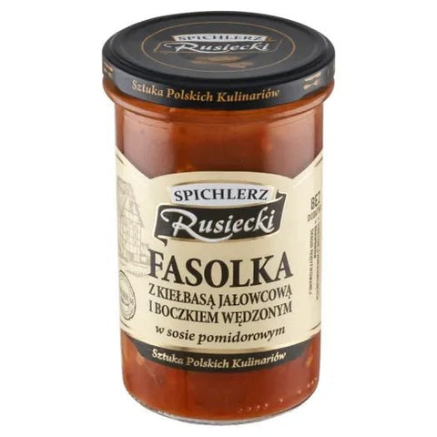 Weiße Bohnen mit Wurst und Speck - Fasolka z kiełbasą i boczkiem 470g - Spichlerz Rusiecki - Polskashop24