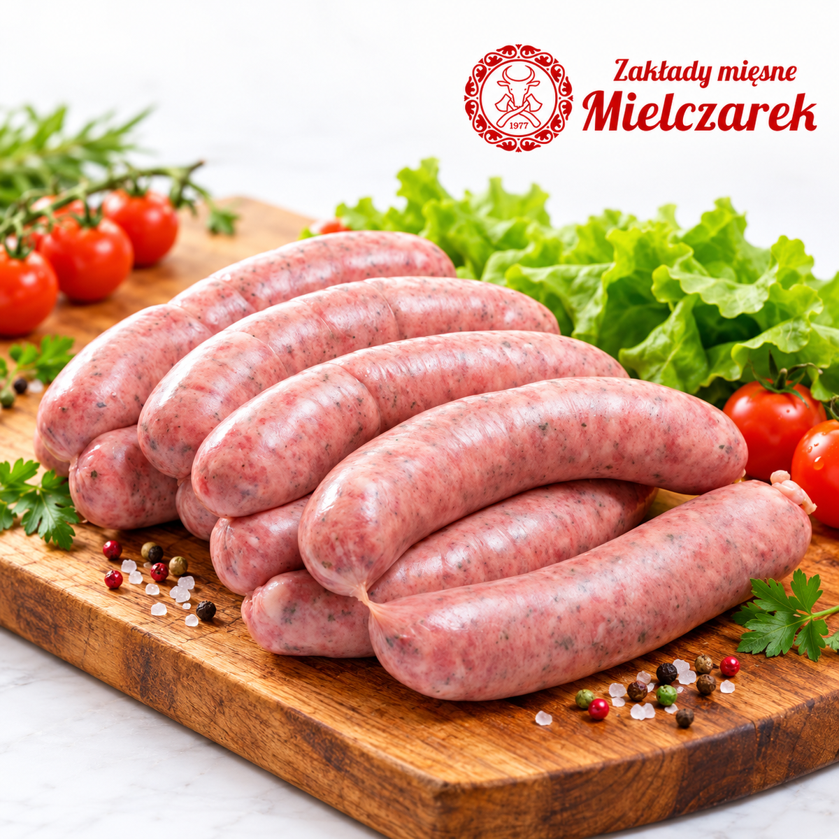 Mielczarek Biała Surowa – rohe polnische Weißwurst auf Holzbrett mit Mielczarek Logo
