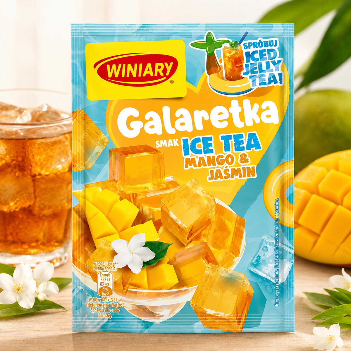 Winiary Galaretka Ice Tea Mango & Jasmin 47g, polnisches Dessert mit fruchtigem Mango-Eistee-Geschmack