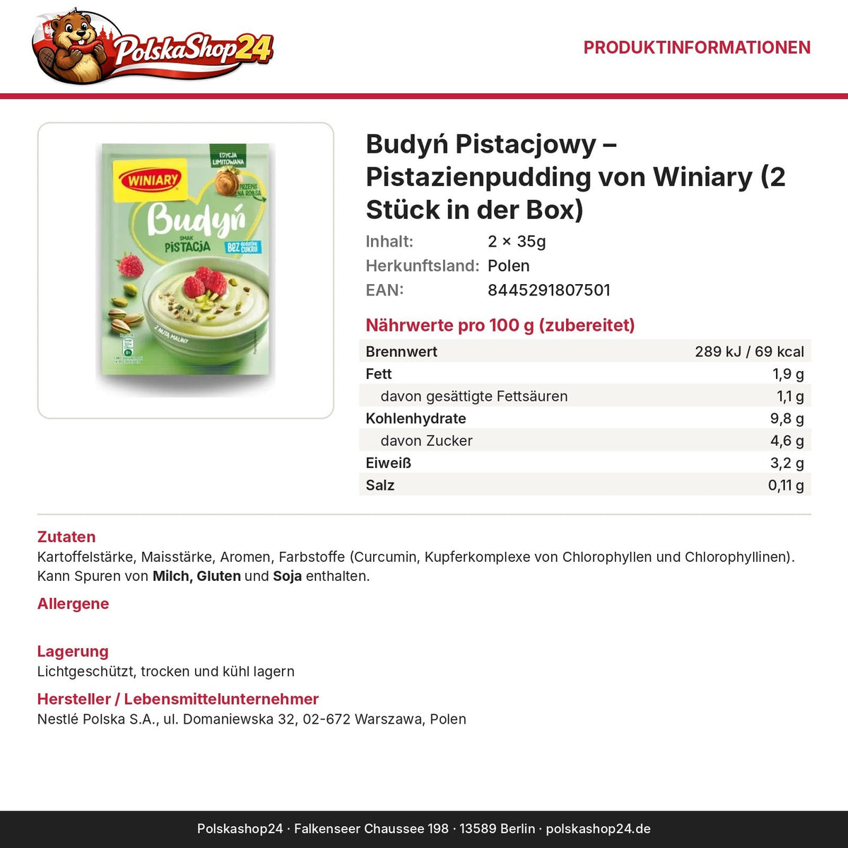 Produktinformationen: Nährwerte, Zutaten, Allergene, Hersteller – Budyń Pistacjowy – Pistazienpudding von Winiary