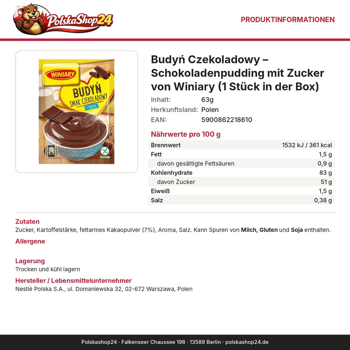 Produktinformationen: Nährwerte, Zutaten, Allergene, Hersteller – Budyń Czekoladowy – Schokoladenpudding mit Zucker von Winiary