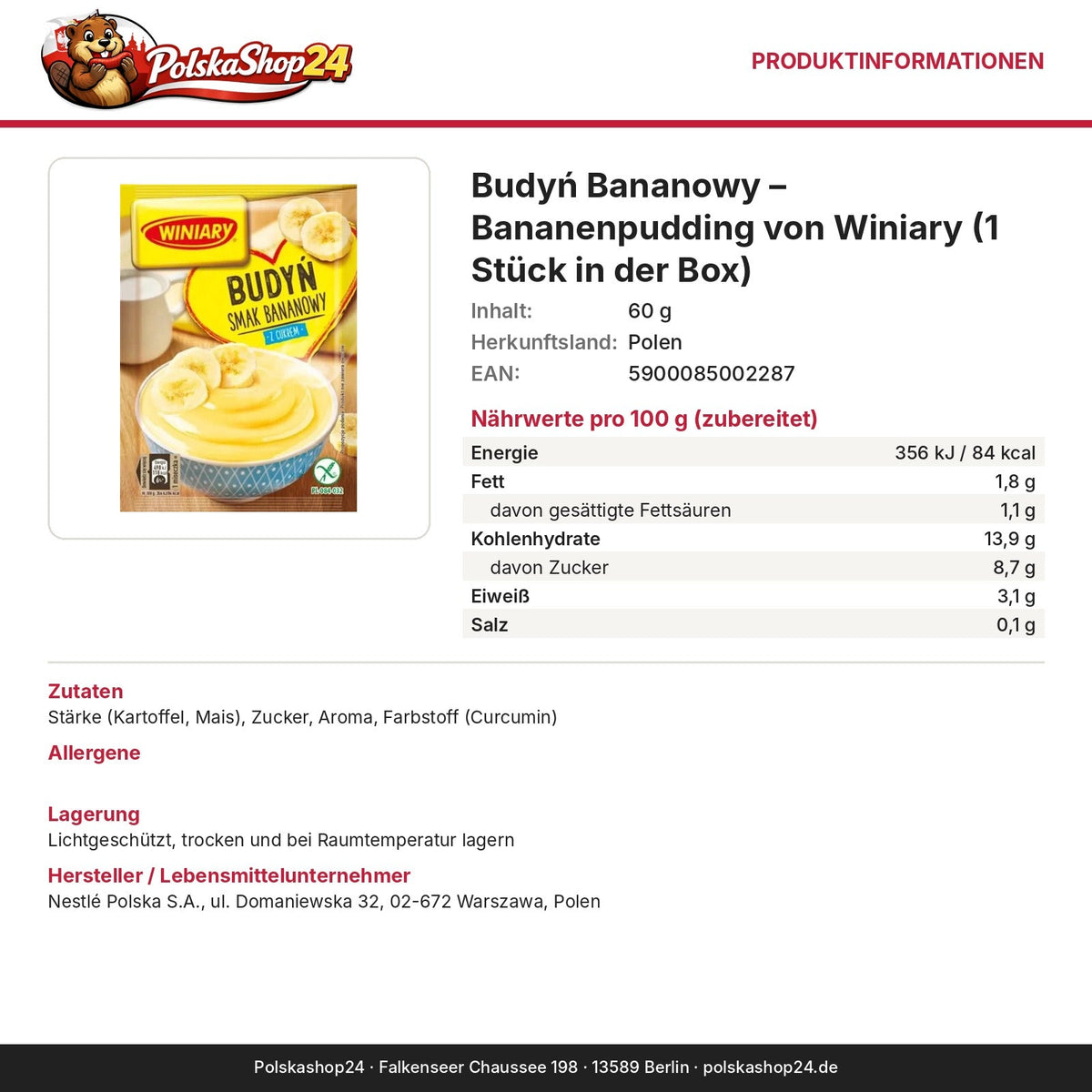 Produktinformationen: Nährwerte, Zutaten, Allergene, Hersteller – Budyń Bananowy – Bananenpudding von Winiary