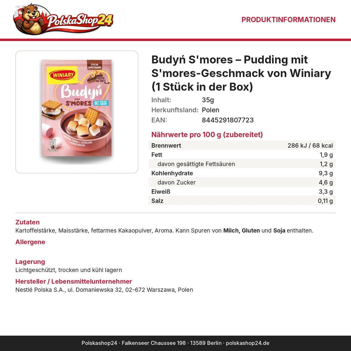 Produktinformationen: Nährwerte, Zutaten, Allergene, Hersteller – Budyń S'mores – Pudding mit S'mores-Geschmack von Winiary
