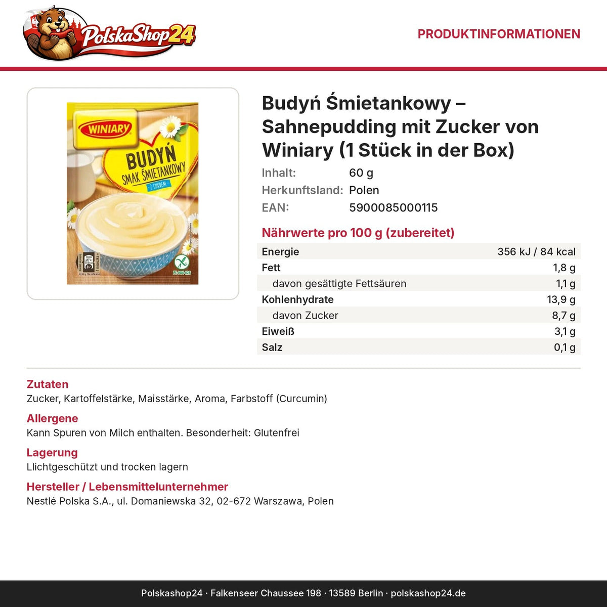 Produktinformationen: Nährwerte, Zutaten, Allergene, Hersteller – Budyń Śmietankowy – Sahnepudding mit Zucker von Winiary
