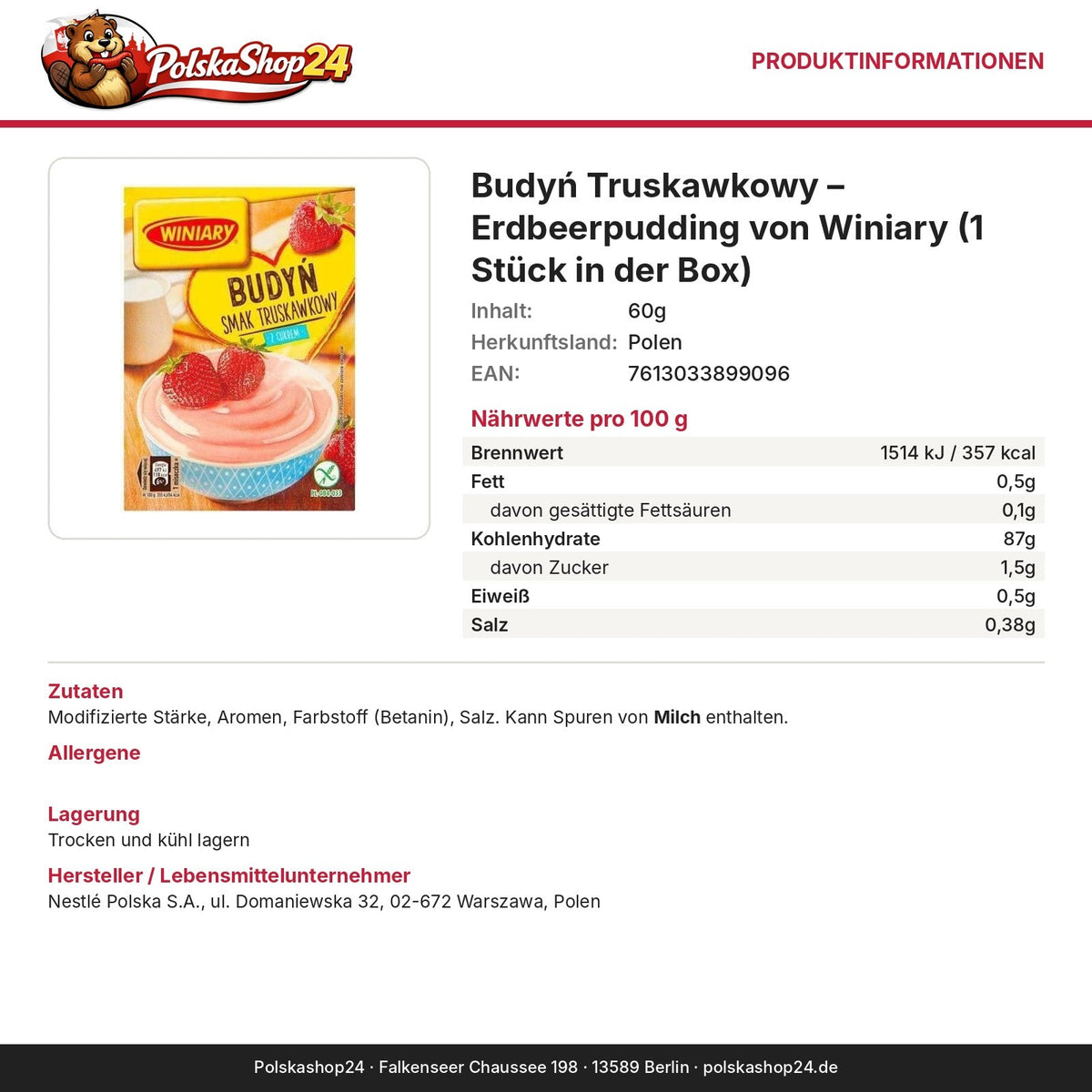 Produktinformationen: Nährwerte, Zutaten, Allergene, Hersteller – Budyń Truskawkowy – Erdbeerpudding von Winiary