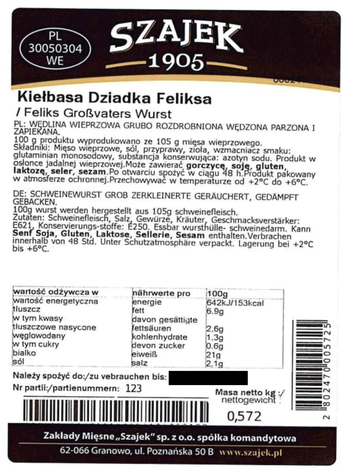 Wurst von Opa Felix ''Kielbasa Dziadka Feliksa'' Szajek ca. 1.1kg - Polskashop24.de - Online Supermarkt mit Lebensmittel aus Polen